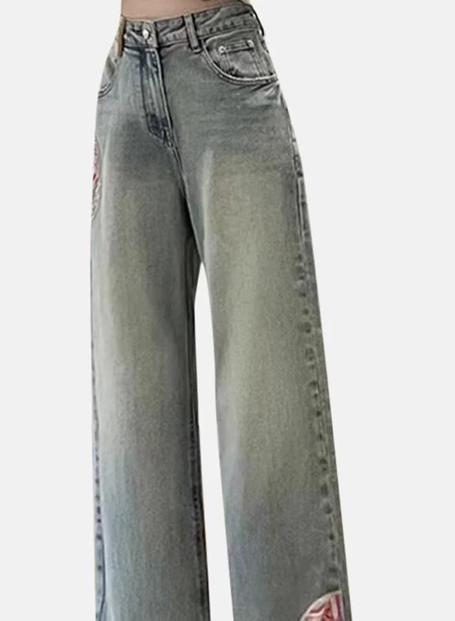 يونيكي Grey Flared High-Rise Light Fade Embroidered Jeans