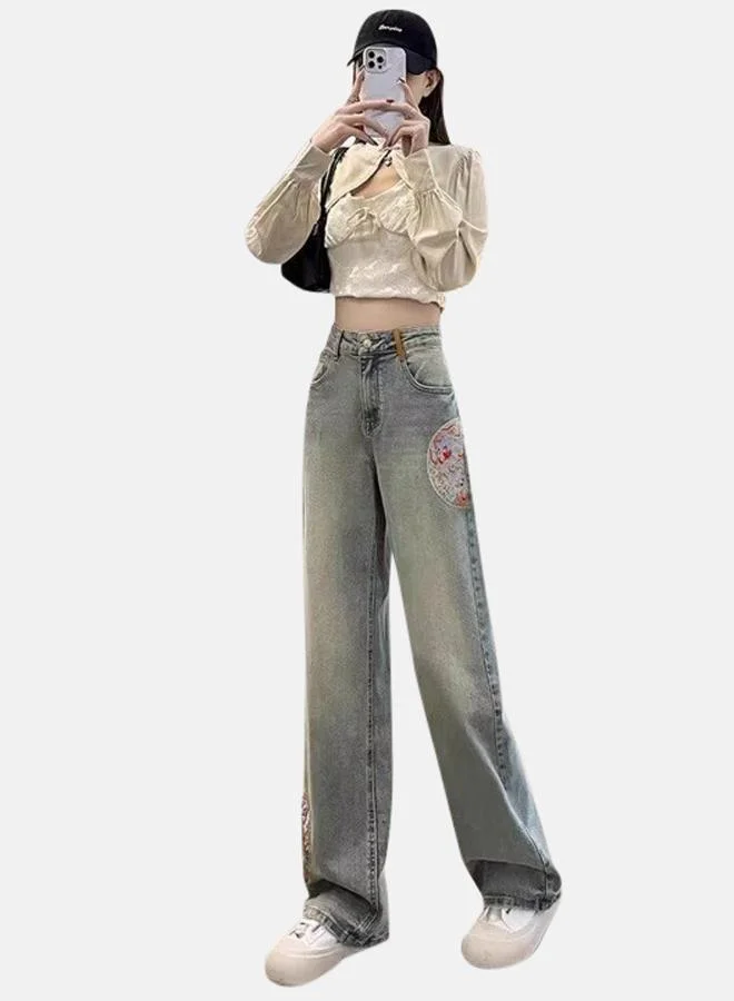 يونيكي Grey Flared High-Rise Light Fade Embroidered Jeans