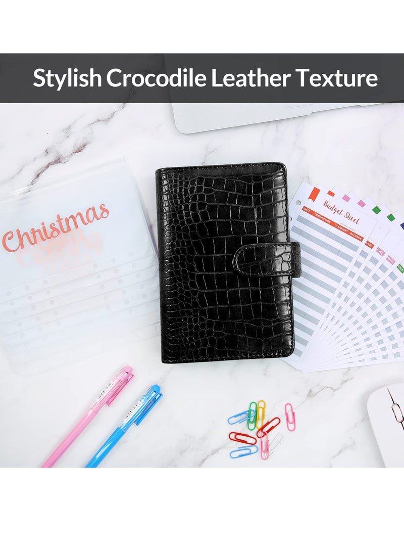 KASTWAVE Budget Binder with 8pcs Cash Envelopes for Budgeting, Crocodile Pattern A6 Binder with 2Pcs Label Stickers and 12Pcs Expense Trackers Money Organizer for Cash for Saving Binder(Black)  - Image 2