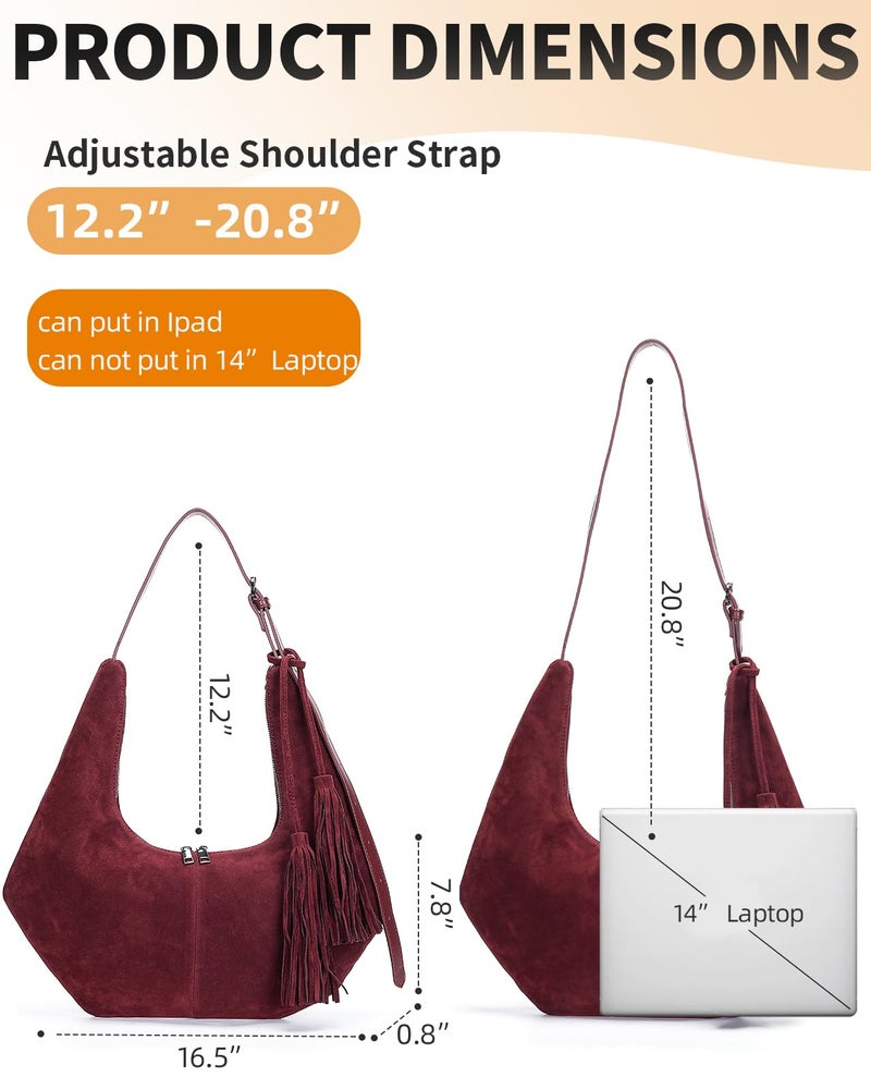 Herald Tassel Suede Hobo Shoulder Bag for Women, Retro Slouchy Crescent Crossbody Purse Handbag with Adjustable Strap (Wine) - Image 5