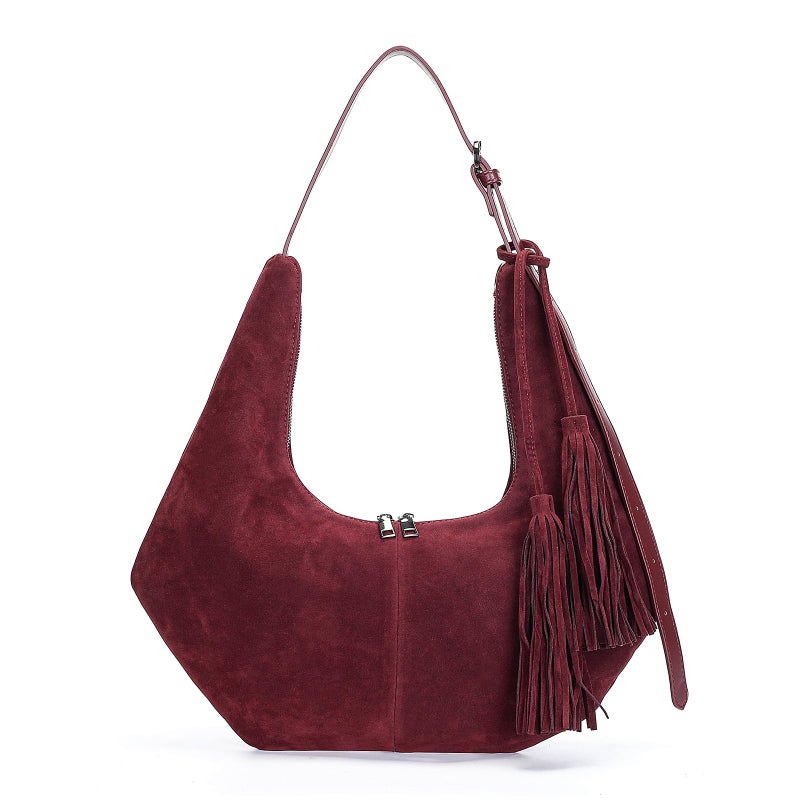 Herald Tassel Suede Hobo Shoulder Bag for Women, Retro Slouchy Crescent Crossbody Purse Handbag with Adjustable Strap (Wine) - Image 1