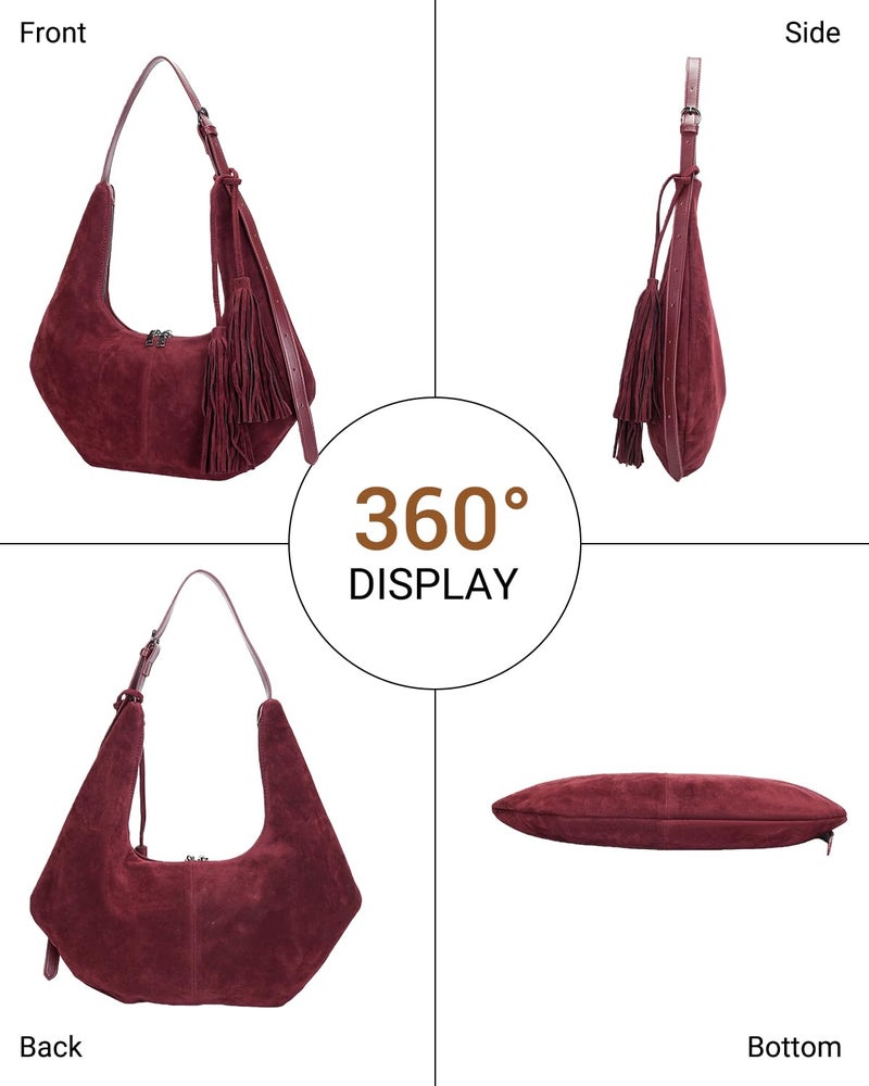 Herald Tassel Suede Hobo Shoulder Bag for Women, Retro Slouchy Crescent Crossbody Purse Handbag with Adjustable Strap (Wine) - Image 3