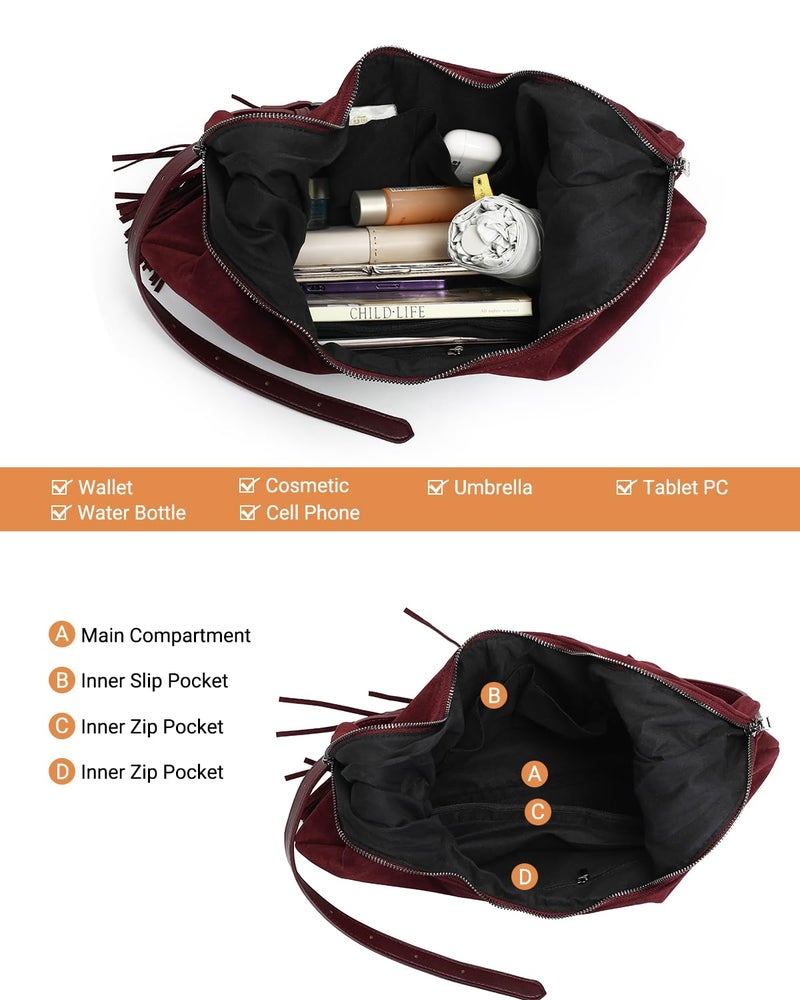 Herald Tassel Suede Hobo Shoulder Bag for Women, Retro Slouchy Crescent Crossbody Purse Handbag with Adjustable Strap (Wine) - Image 4