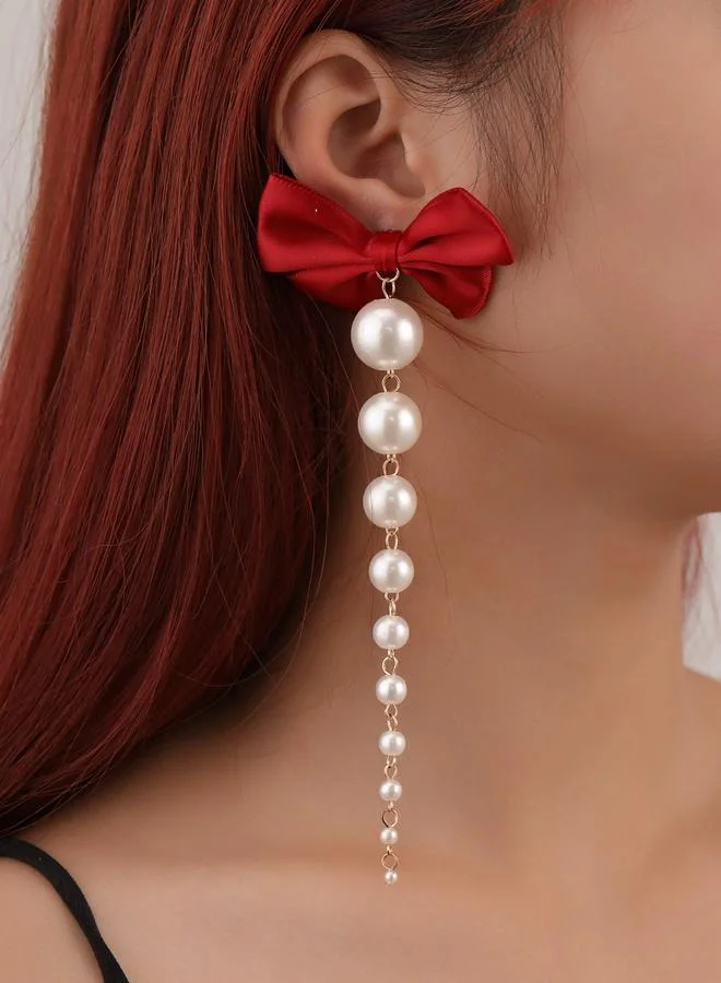 Take Two Bow Faux Pearl Tassel Earrings
