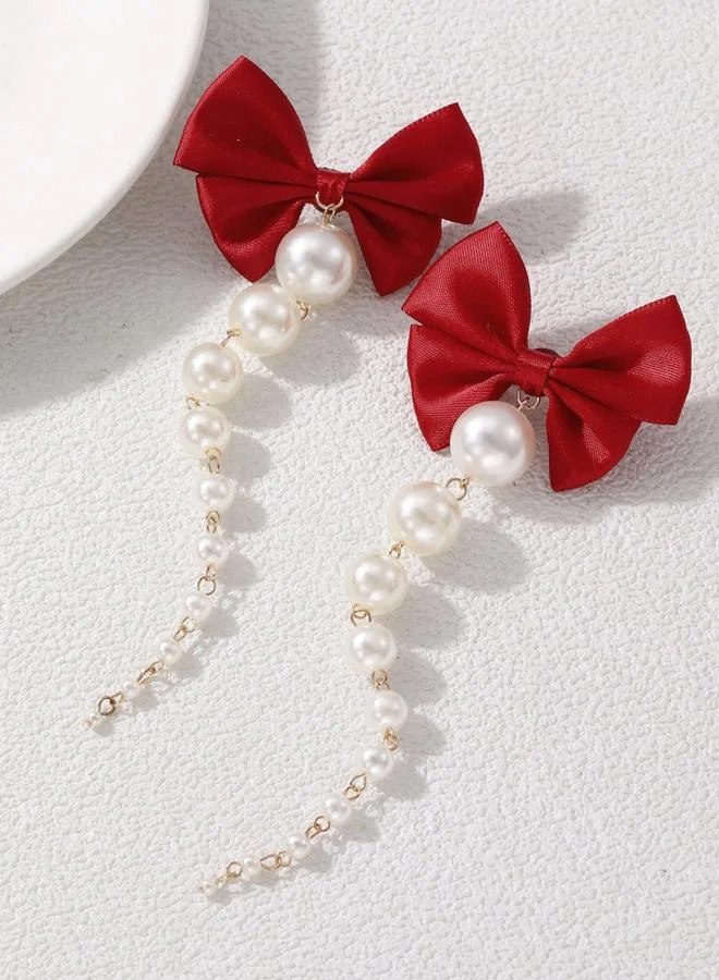 Take Two Bow Faux Pearl Tassel Earrings