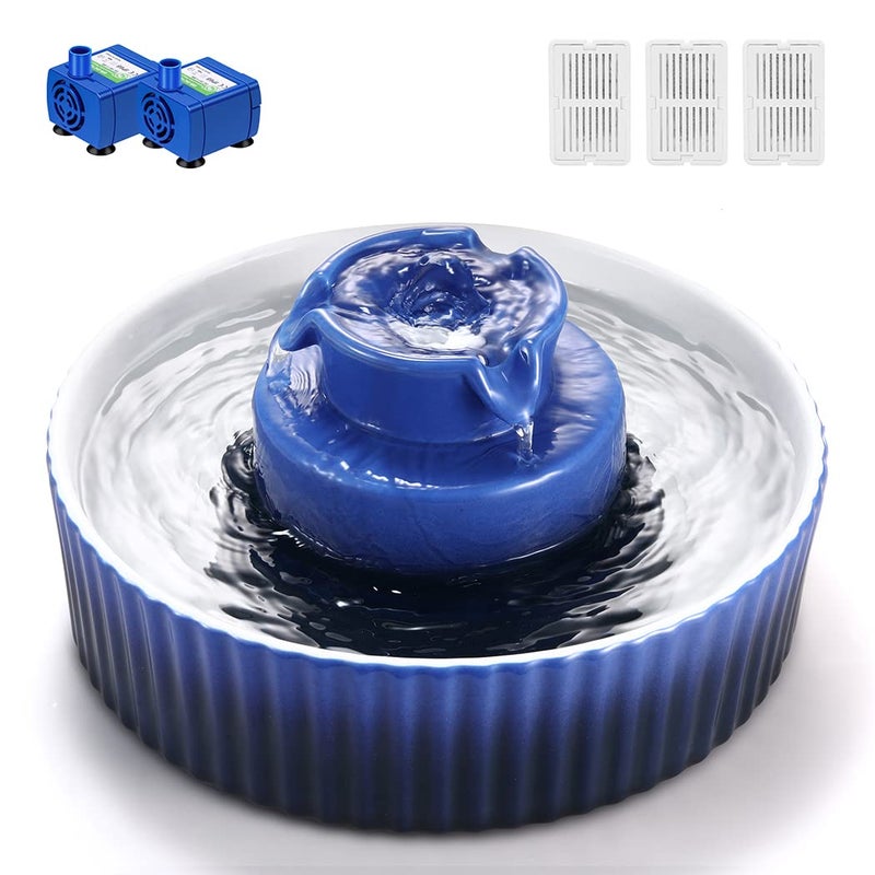 Wonder Creature Ceramic Cat Water Fountain, 2.1L/71oz Pet Fountain for Dog and Cat, 3 Carbon Filters and 2 Pumps (Dark Blue) - Image 1