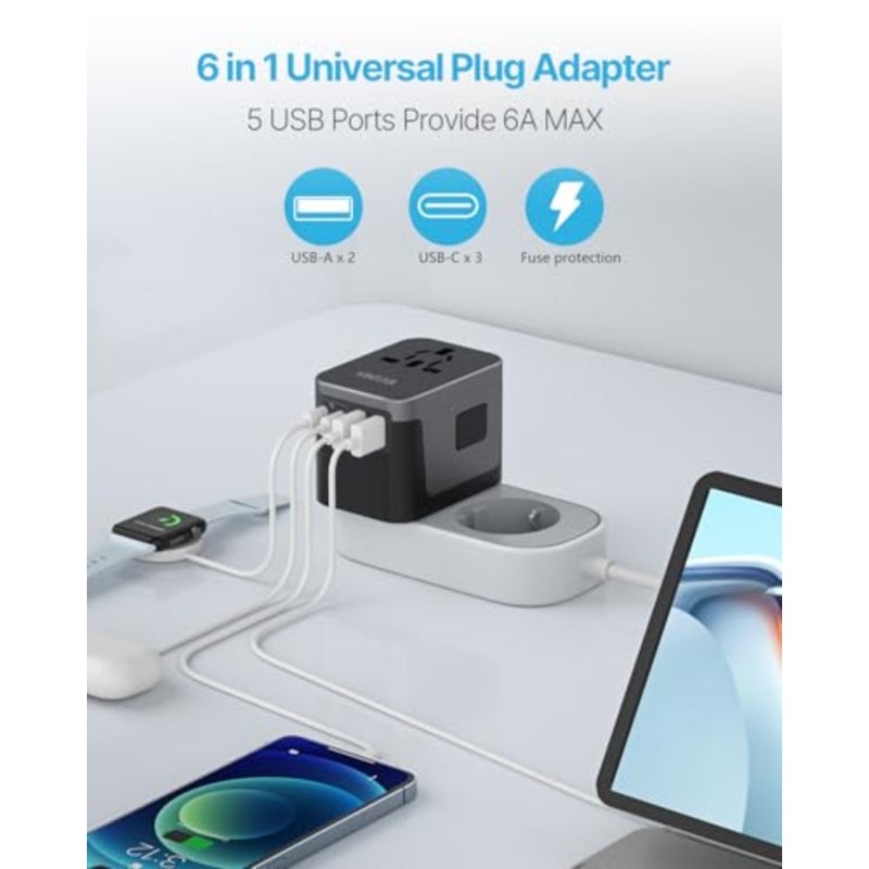 Travel Adapter Worldwide, Universal Travel Plug with 3USBC, 2USB and 1AC Travel Socket Adapter Socket, Travel Plug Adapter Worldwide for Germany, USA, England, Thailand, Italy, Australia - Image 4