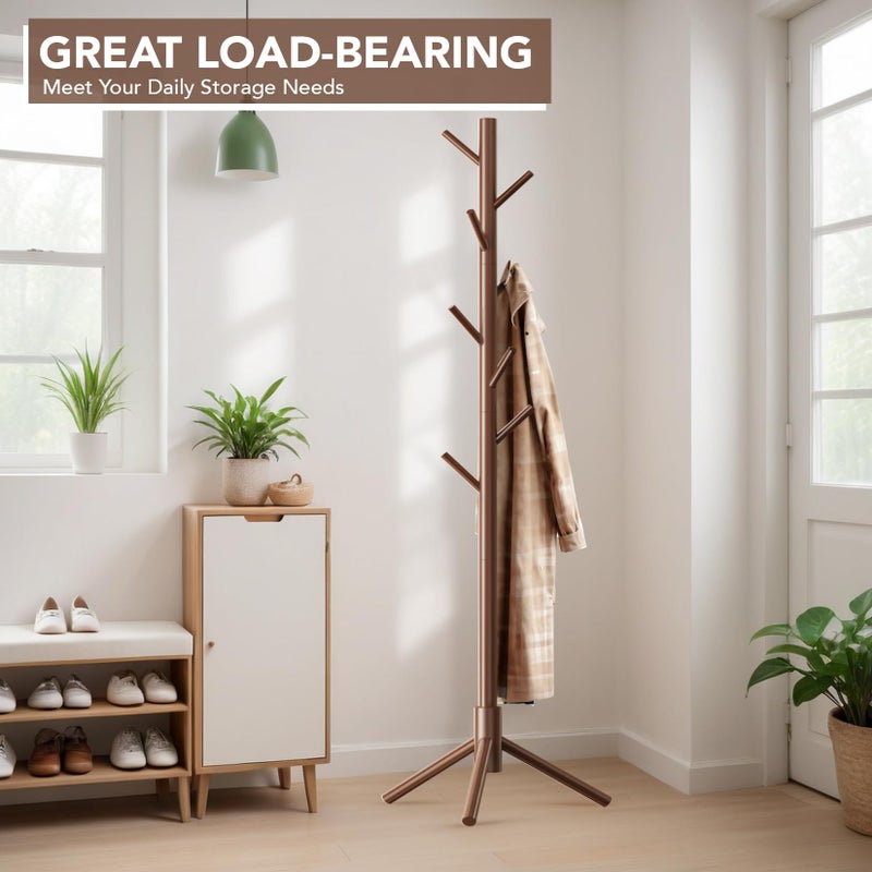 Hupmad Wooden Tree Coat Rack Stand,Sturdy Freestanding Coat Rack with 8 Hooks,3 Adjustable Height for Child Adult,Wood Coat Stand Tree Fits Entryway Bedroom Office for Bags,Hats - Image 2
