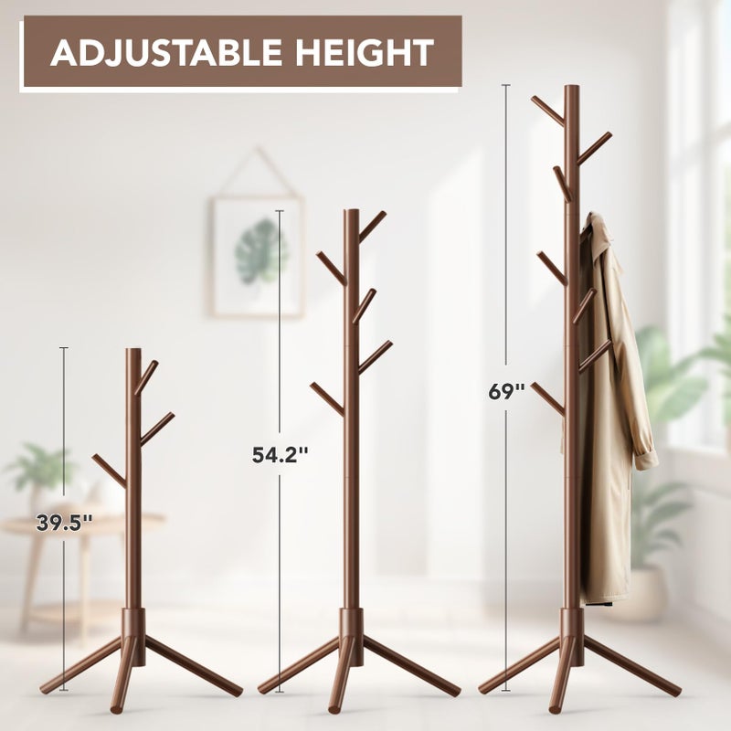 Hupmad Wooden Tree Coat Rack Stand,Sturdy Freestanding Coat Rack with 8 Hooks,3 Adjustable Height for Child Adult,Wood Coat Stand Tree Fits Entryway Bedroom Office for Bags,Hats - Image 3