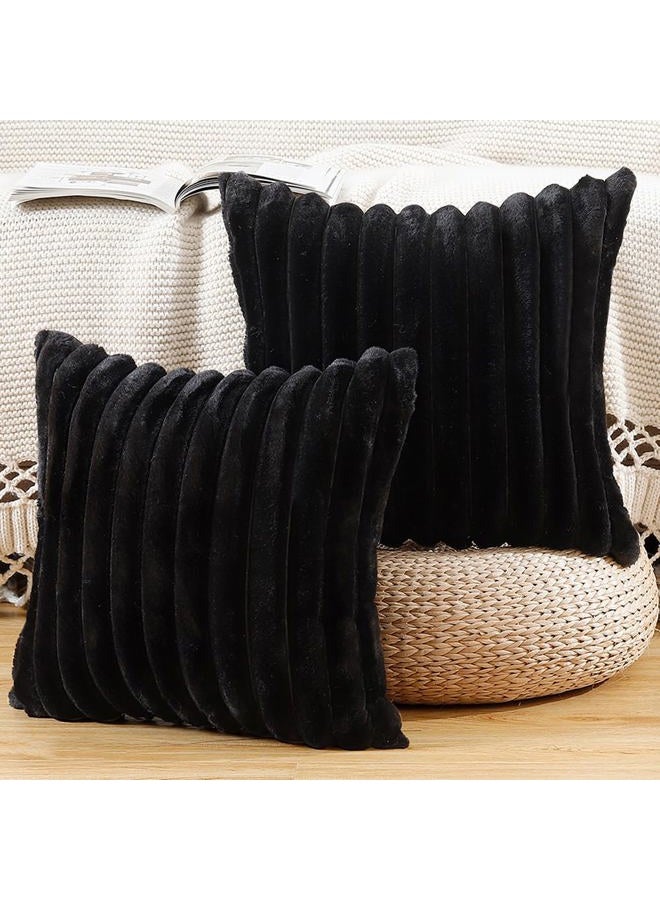 Madizz Set of 2 Faux Fur Plush Decorative Throw Pillow Covers 24x24 Inch Black Fluffy Striped Soft Decorative Cushion Cover for Sofa Bedroom Pillow Shell - Image 1