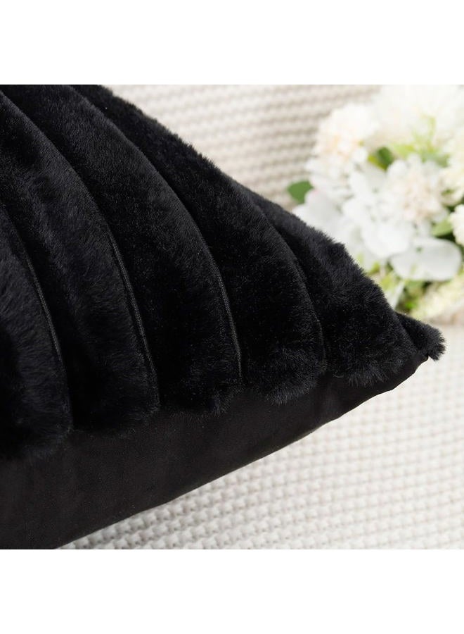 Madizz Set of 2 Faux Fur Plush Decorative Throw Pillow Covers 24x24 Inch Black Fluffy Striped Soft Decorative Cushion Cover for Sofa Bedroom Pillow Shell - Image 5