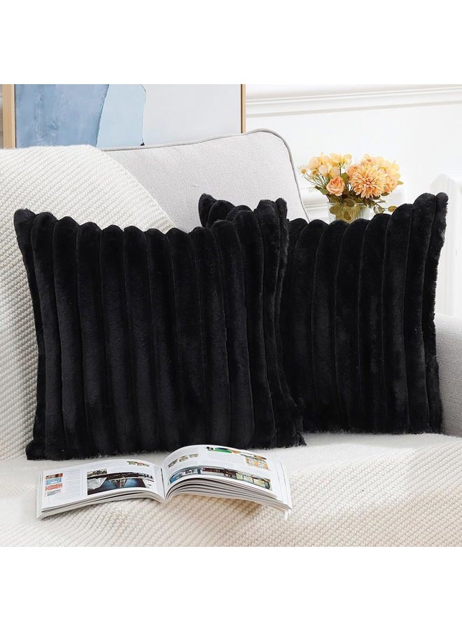 Madizz Set of 2 Faux Fur Plush Decorative Throw Pillow Covers 24x24 Inch Black Fluffy Striped Soft Decorative Cushion Cover for Sofa Bedroom Pillow Shell - Image 2