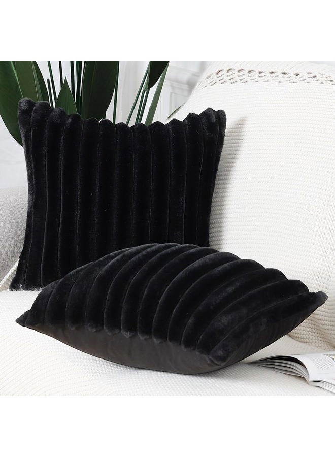 Madizz Set of 2 Faux Fur Plush Decorative Throw Pillow Covers 24x24 Inch Black Fluffy Striped Soft Decorative Cushion Cover for Sofa Bedroom Pillow Shell - Image 3