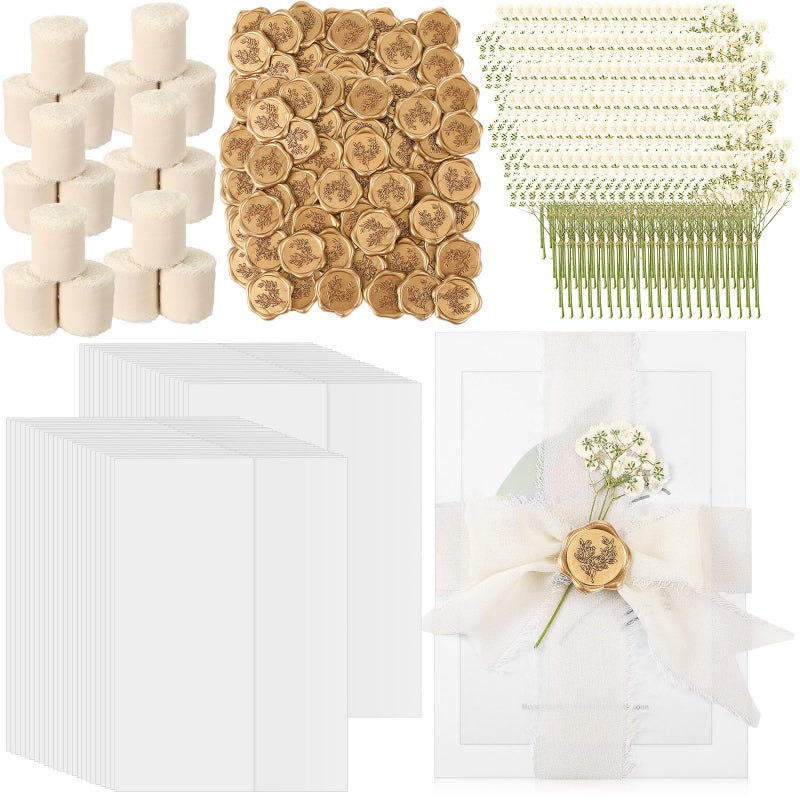 Fuyoooo 100 Set Wedding Invitations Wraps Set Pre Folded Vellum Jackets for 5 x 7 Invitations Self Adhesive Gold Wax Seal Stickers Dried Baby's Breath Flowers Chiffon Silk Ribbon for Craft DIY - Image 1