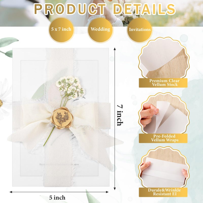 Fuyoooo 100 Set Wedding Invitations Wraps Set Pre Folded Vellum Jackets for 5 x 7 Invitations Self Adhesive Gold Wax Seal Stickers Dried Baby's Breath Flowers Chiffon Silk Ribbon for Craft DIY - Image 3
