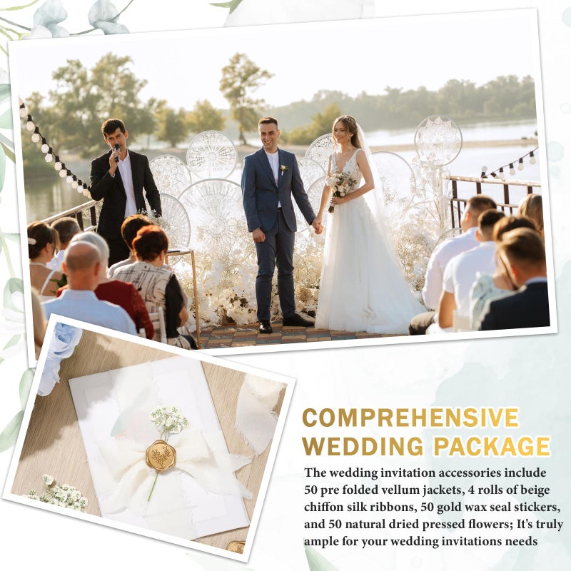 Fuyoooo 100 Set Wedding Invitations Wraps Set Pre Folded Vellum Jackets for 5 x 7 Invitations Self Adhesive Gold Wax Seal Stickers Dried Baby's Breath Flowers Chiffon Silk Ribbon for Craft DIY - Image 5