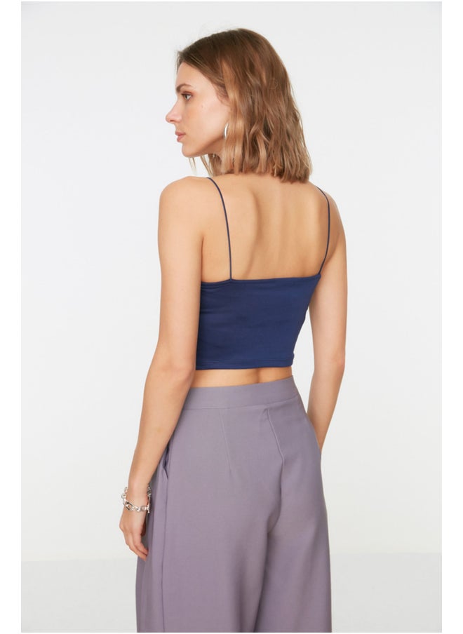 trendyol Navy Blue Cotton Spaghetti Straps Fitted/Simple Crop, Flexible Knit Single Singlet TWOSS20AL0006.  - Image 5