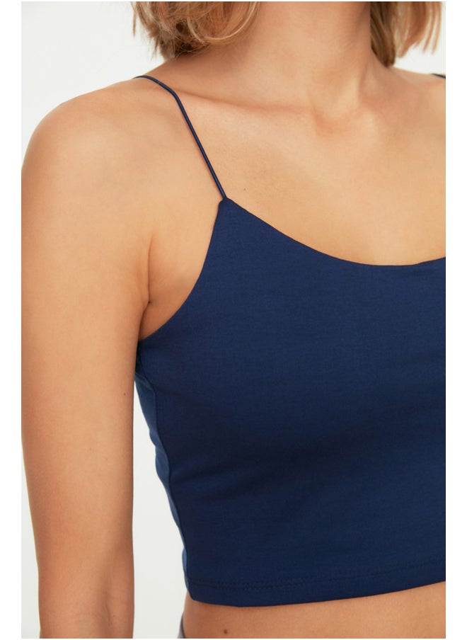 trendyol Navy Blue Cotton Spaghetti Straps Fitted/Simple Crop, Flexible Knit Single Singlet TWOSS20AL0006.  - Image 4
