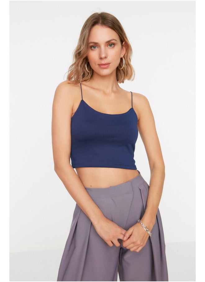 trendyol Navy Blue Cotton Spaghetti Straps Fitted/Simple Crop, Flexible Knit Single Singlet TWOSS20AL0006.  - Image 3