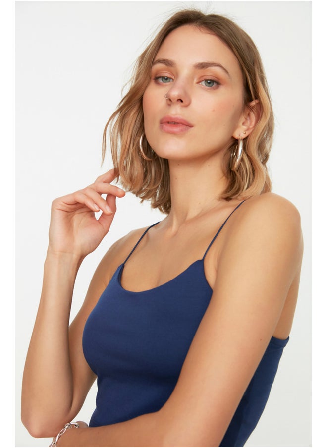 trendyol Navy Blue Cotton Spaghetti Straps Fitted/Simple Crop, Flexible Knit Single Singlet TWOSS20AL0006.  - Image 2