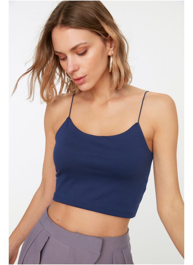 trendyol Navy Blue Cotton Spaghetti Straps Fitted/Simple Crop, Flexible Knit Single Singlet TWOSS20AL0006.  - Image 1