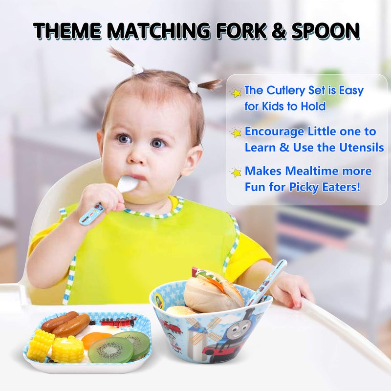 Finex Thomas Transport Fans 5 Pcs Set Cartoon Durable Tableware Meal Dishes Mealtime Food Feeding Eating Set includes Dinner Serving Bowl Plate Cup with a Matching Spoon and Fork - Image 2