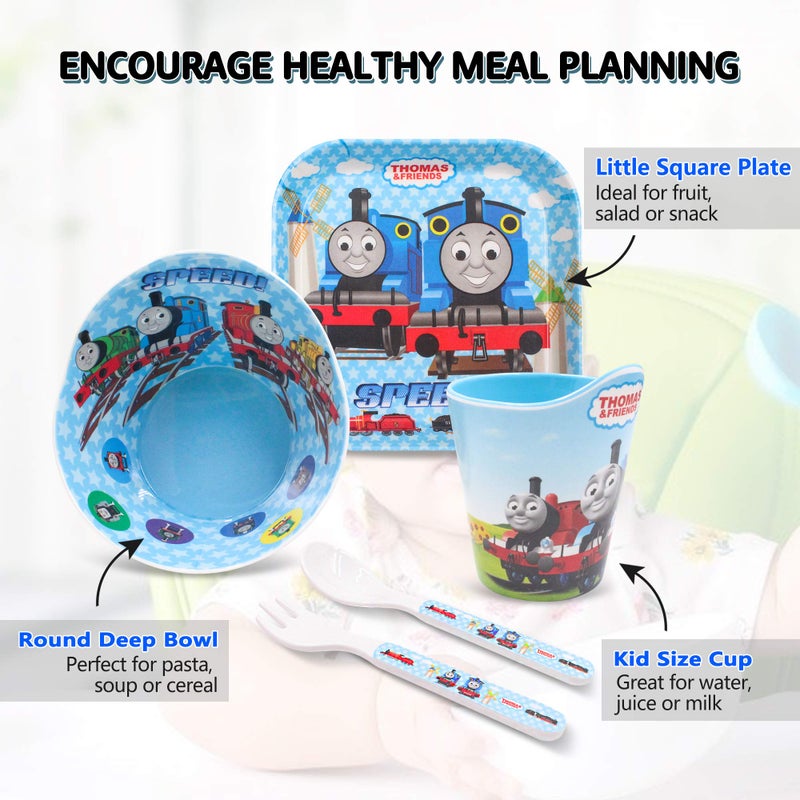 Finex Thomas Transport Fans 5 Pcs Set Cartoon Durable Tableware Meal Dishes Mealtime Food Feeding Eating Set includes Dinner Serving Bowl Plate Cup with a Matching Spoon and Fork - Image 4