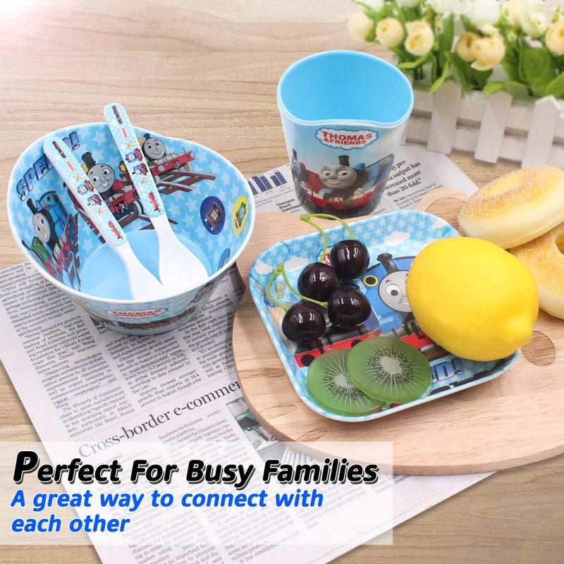 Finex Thomas Transport Fans 5 Pcs Set Cartoon Durable Tableware Meal Dishes Mealtime Food Feeding Eating Set includes Dinner Serving Bowl Plate Cup with a Matching Spoon and Fork - Image 5