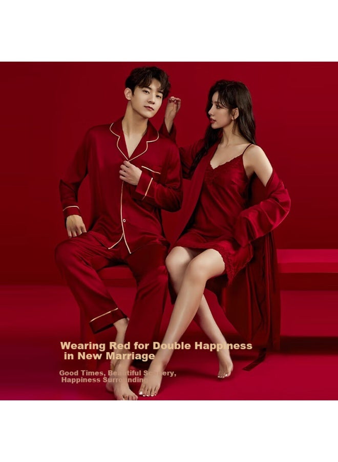 Gujin Couple Red Wedding Pajamas Men And Women Home Wear Spring And Autumn Four Seasons Nightgown Skirt Pajamas Set 2XL - Image 3