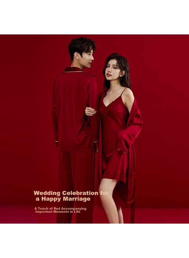 Gujin Couple Red Wedding Pajamas Men And Women Home Wear Spring And Autumn Four Seasons Nightgown Skirt Pajamas Set 2XL - Image 2