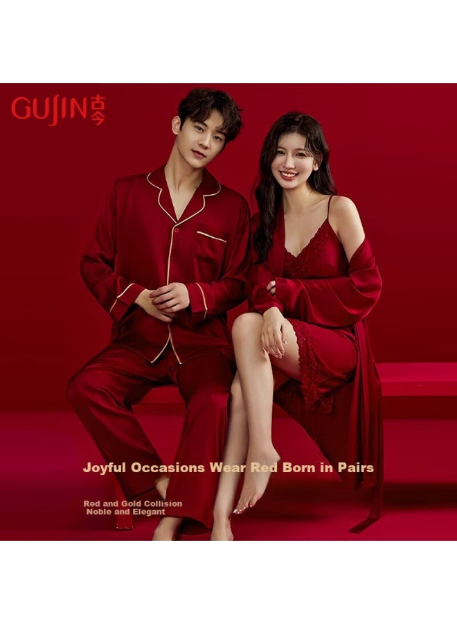 Gujin Couple Red Wedding Pajamas Men And Women Home Wear Spring And Autumn Four Seasons Nightgown Skirt Pajamas Set 2XL - Image 1