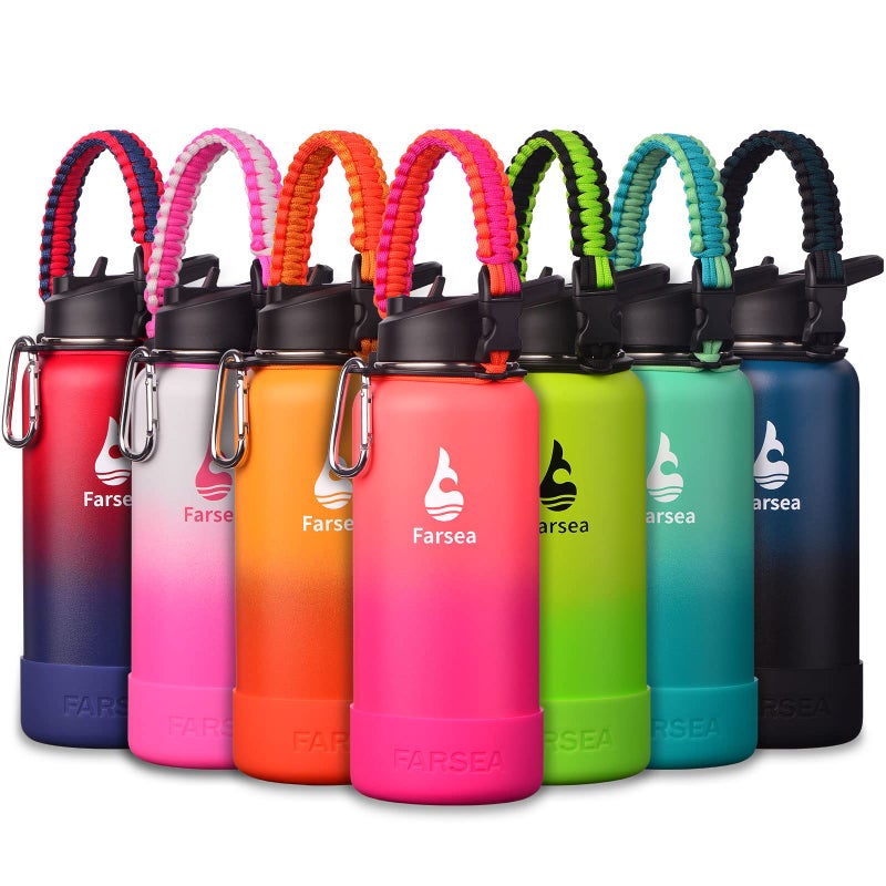 Farsea Insulated Water Bottle With Paracord Handle Protective Silicone Boot and 2 Lids Straw Lid  Spout Lid Stainless Steel Water Bottle Wide Mouth Double Wall SweatProof BPAFree 32 oz