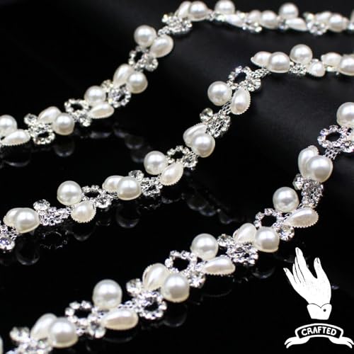 PEARLY JUN 1 Yard Pearl Chain Silver Rhinestone Trim String Crystal Applique Fringe Ribbon Strips Beads Sewing Dress DIY Party Wedding Bouquet for Decoration Bridal Costume Embellishment - Image 2