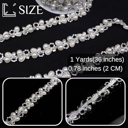 PEARLY JUN 1 Yard Pearl Chain Silver Rhinestone Trim String Crystal Applique Fringe Ribbon Strips Beads Sewing Dress DIY Party Wedding Bouquet for Decoration Bridal Costume Embellishment - Image 3