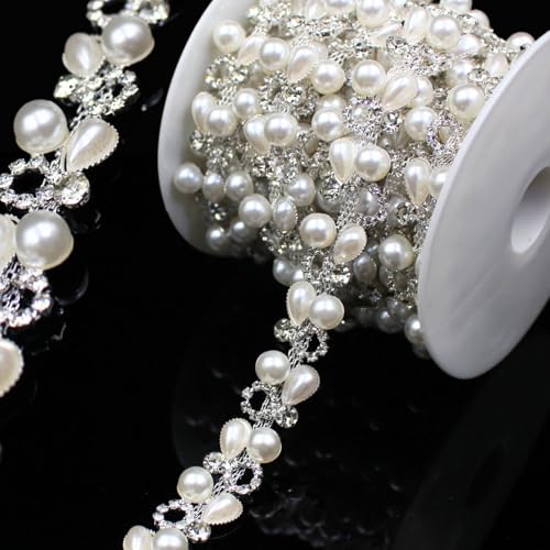 PEARLY JUN 1 Yard Pearl Chain Silver Rhinestone Trim String Crystal Applique Fringe Ribbon Strips Beads Sewing Dress DIY Party Wedding Bouquet for Decoration Bridal Costume Embellishment - Image 1