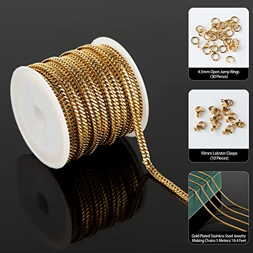 YOUBEIYEE 16.4 Feet Stainless Steel Chains for Jewelry Making, Gold Plated Cuban Chain Roll with Jump Ring Lobster Clasps for Bracelet Necklace DIY Making Supplies - Image 2