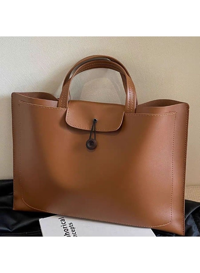 Classic PU Leather Tote Bag with Button Closure, Soft Handle, Large Capacity for Work or Daily Use – Brown - Image 1