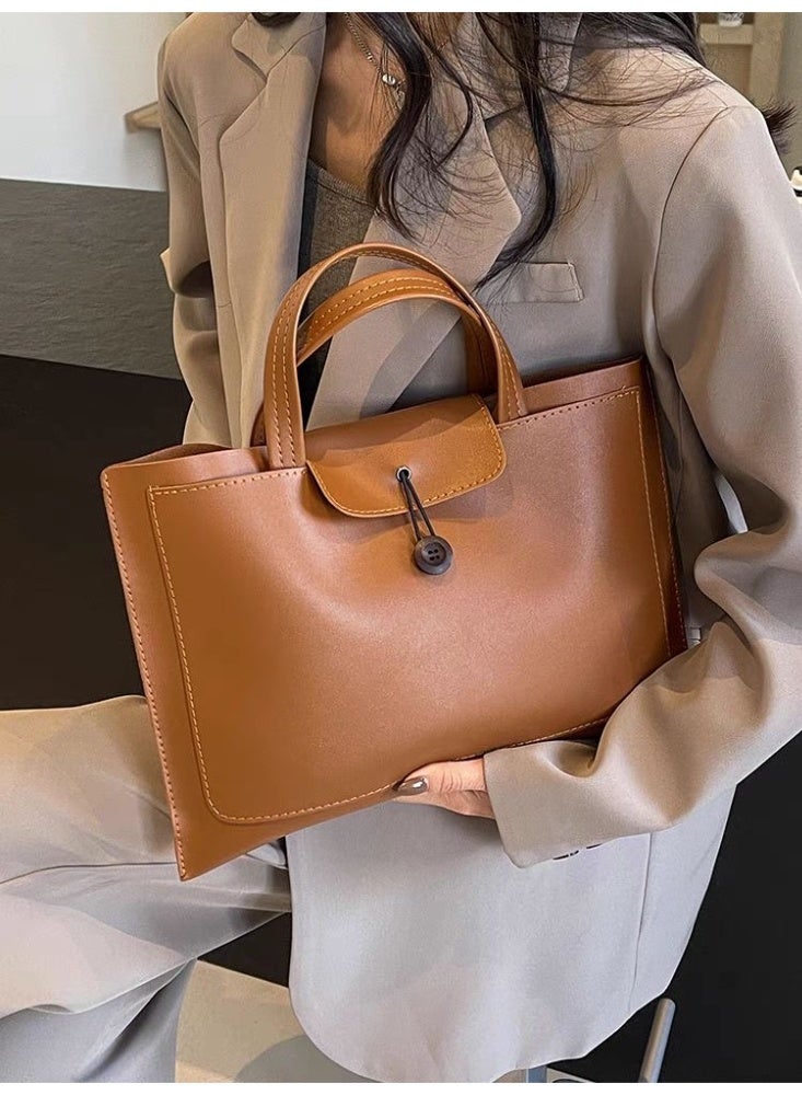 Classic PU Leather Tote Bag with Button Closure, Soft Handle, Large Capacity for Work or Daily Use – Brown - Image 2