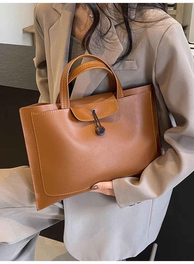 Classic PU Leather Tote Bag with Button Closure, Soft Handle, Large Capacity for Work or Daily Use – Brown - Image 5