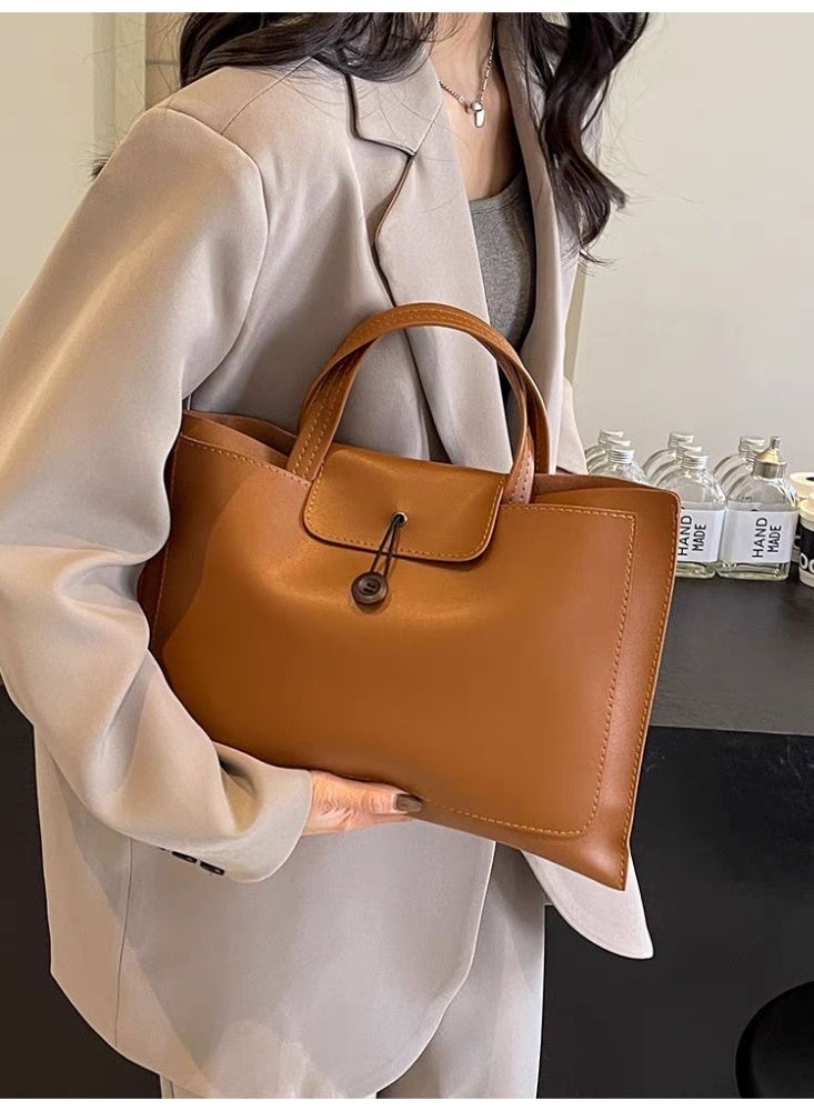 Classic PU Leather Tote Bag with Button Closure, Soft Handle, Large Capacity for Work or Daily Use – Brown - Image 4