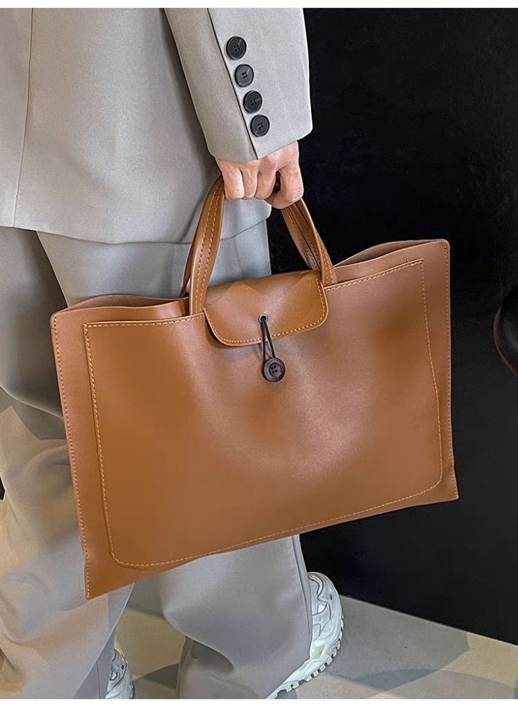 Classic PU Leather Tote Bag with Button Closure, Soft Handle, Large Capacity for Work or Daily Use – Brown - Image 3