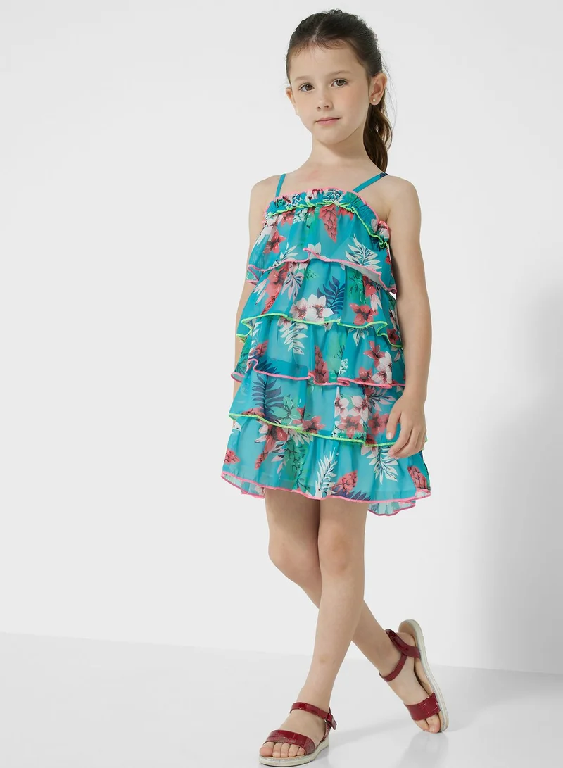 Nautinati Nauti Nati Girls Floral Printed Shoulder Strap Layered A-Line Dress