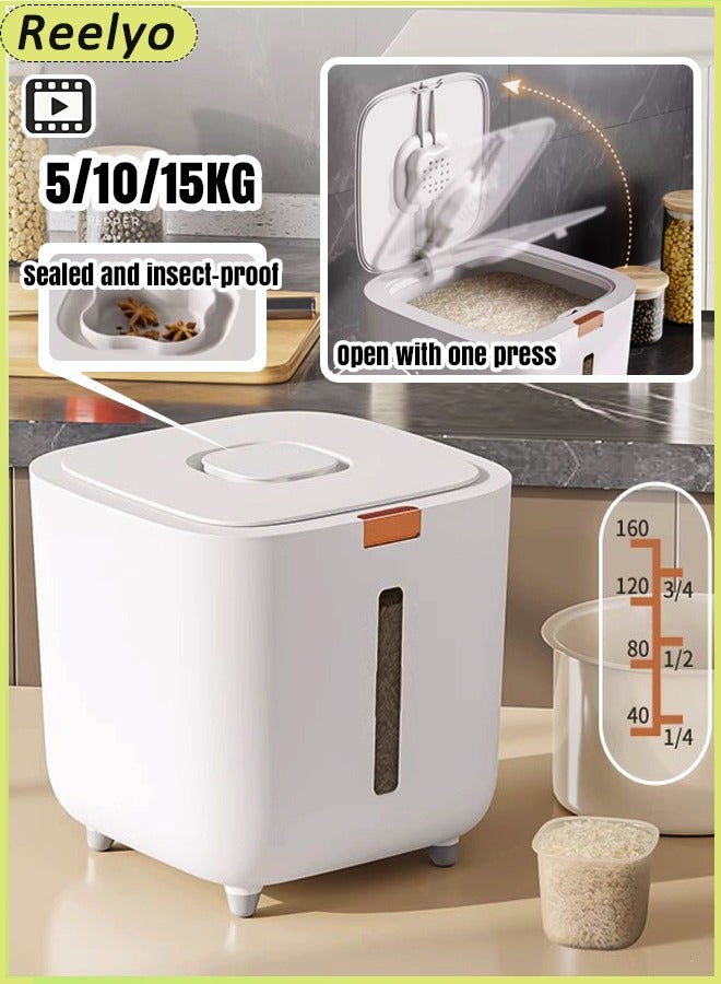 Reelyo Airtight Lids Rice Container Dispenser Food Storage tank Household Rice Bucket, 11/22/33LBS Capacity Insect-proof Clear Grain Bucket, Sealed Moisture-proof Grain Storage Bucket, Kitchen Pantry Large Multi-Grain Organization for Soybean Corn flour oatmeal snacks soybeans pet food, WHITE with Measuring Cup - Image 1