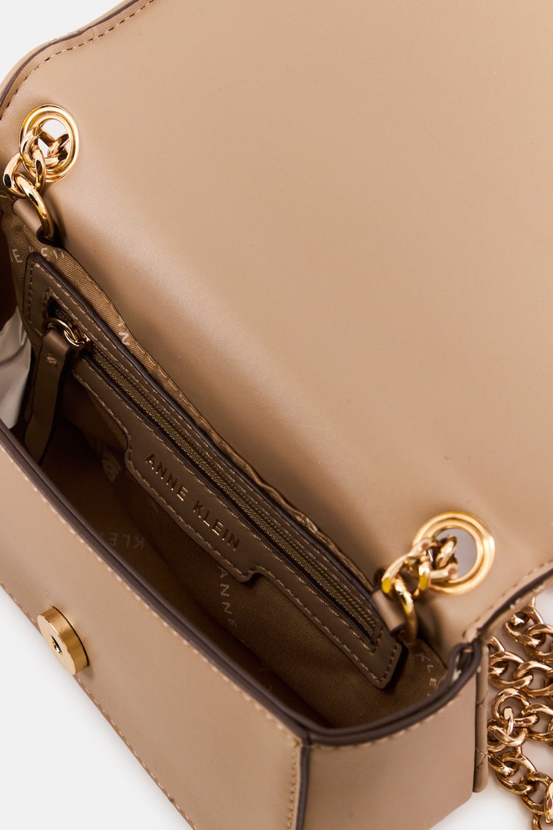 ANNE KLEIN Women Hardware Logo Flap Shoulder Bag, Taupe - Image 3