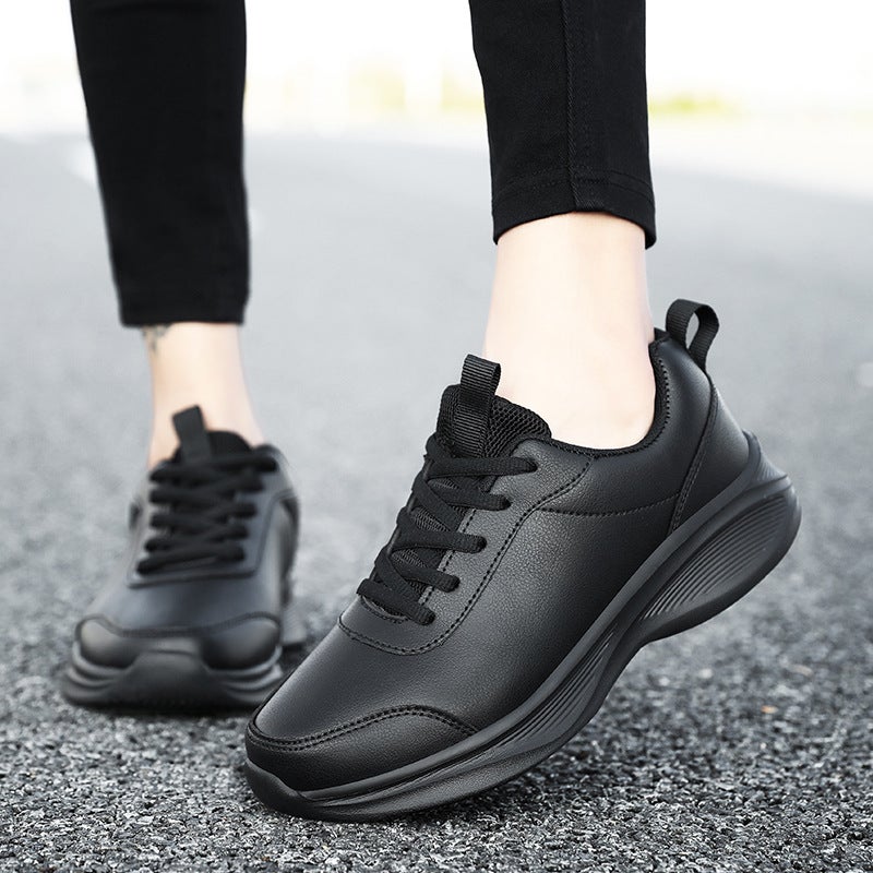 Women's Leather Waterproof Sports Shoes – Comfortable All Black Non-Slip Work Sneakers - Image 3