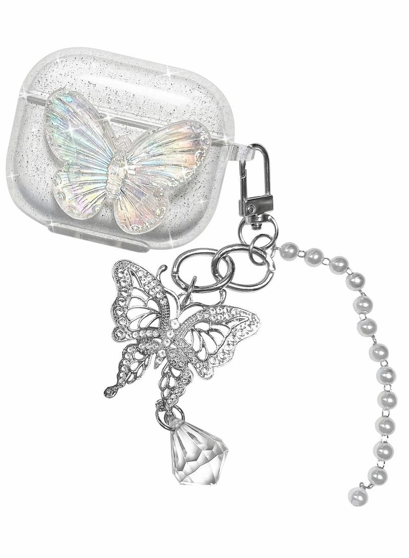 Compatible with AirPods 3 Case Cover, 3rd Generation 2021, with Cute 3D Clear Glitter erfly Design Smooth Soft TPU Cover Case for Airpods 3, Pretty Design Bling Shiny Stylish with Keychain