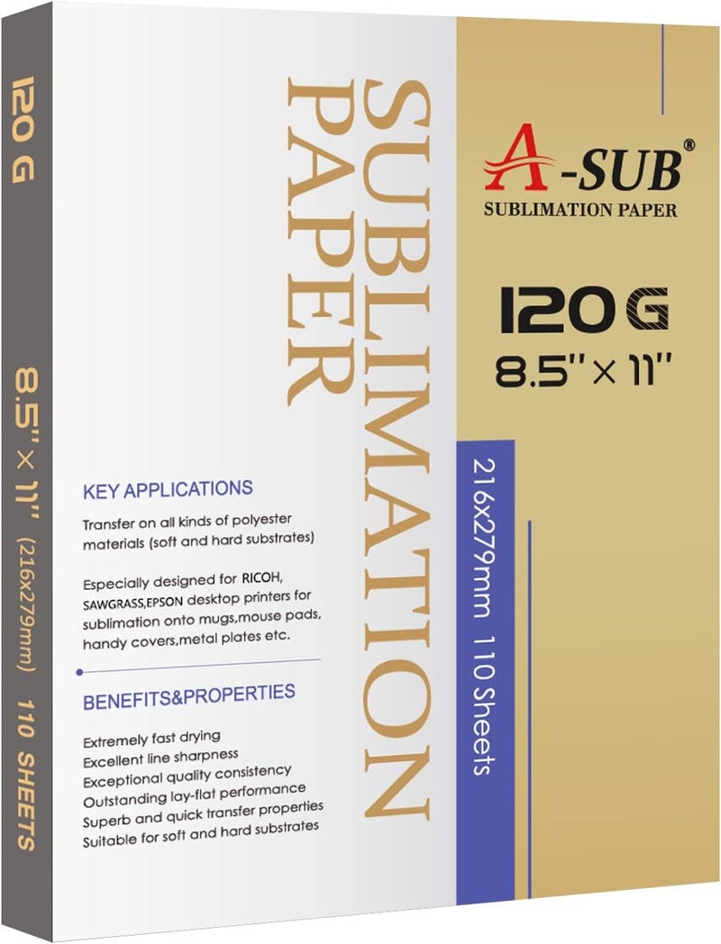A-SUB Sublimation Paper Heat Transfer 110 Sheets 8.5 x 11 Inches Letter Size Compatible with Inkjet Printer 120gsm - Image 1