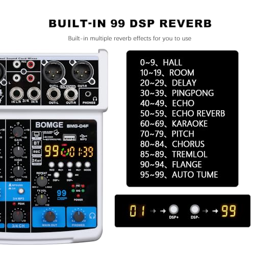 BOMGE 4 Channel Professional Audio Mixer, Sound Board Mixing Console with USB, Bluetooth, Stereo Recording, 48V Phantom Power, 99 DSP for karaoke/performance/church singing/podcas streaming - Image 4