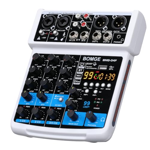 BOMGE 4 Channel Professional Audio Mixer, Sound Board Mixing Console with USB, Bluetooth, Stereo Recording, 48V Phantom Power, 99 DSP for karaoke/performance/church singing/podcas streaming - Image 1