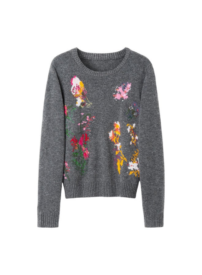 Yanyee Long Sleeve Embroidered Knit Sweater Women Autumn Premium Gray Vintage Wool Top Gray M - Image 2